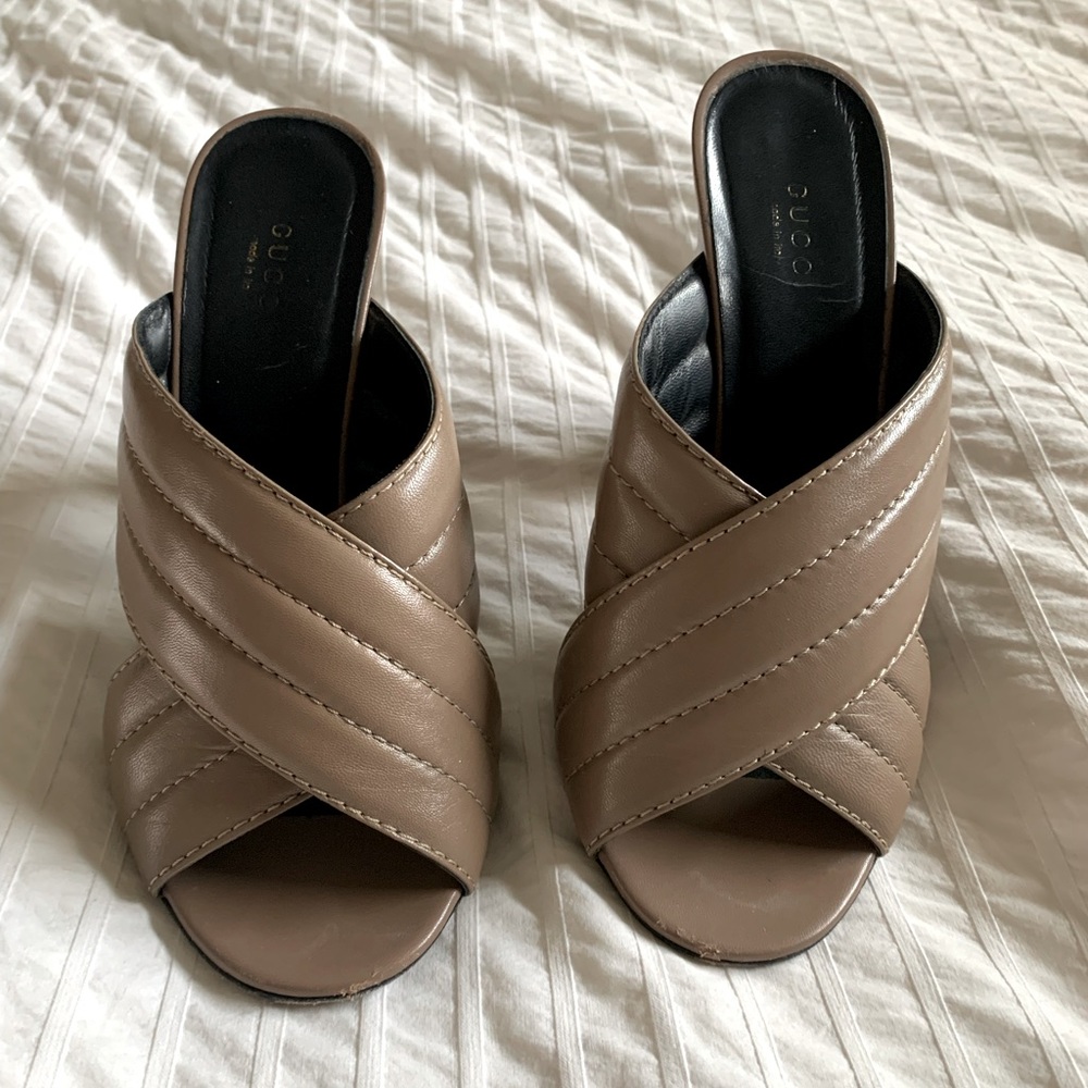 Gucci Webby Mules in Taupe, Size 39
